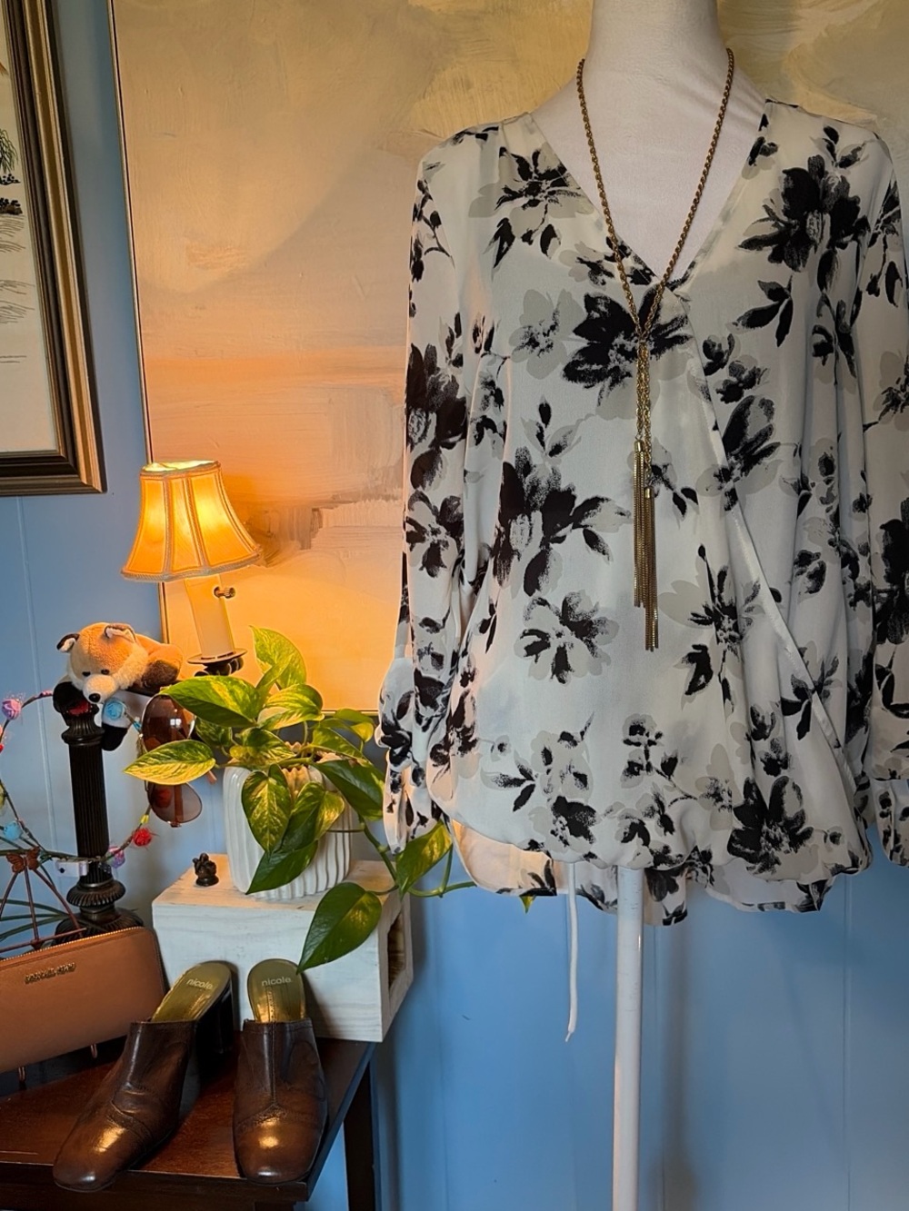 West Kei White Blouse with Black Floral Print